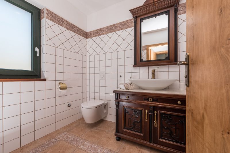 Vila za odmor s bazenom u Hrvatskoj, rustikalno uređena kupaonica sa smeđim lavandinom i ogledalom