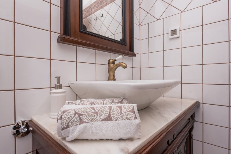Ferienvilla mit Pool in Kroatien, rustikal eingerichtetes Badezimmer mit braunem Lavendel und Spiegel